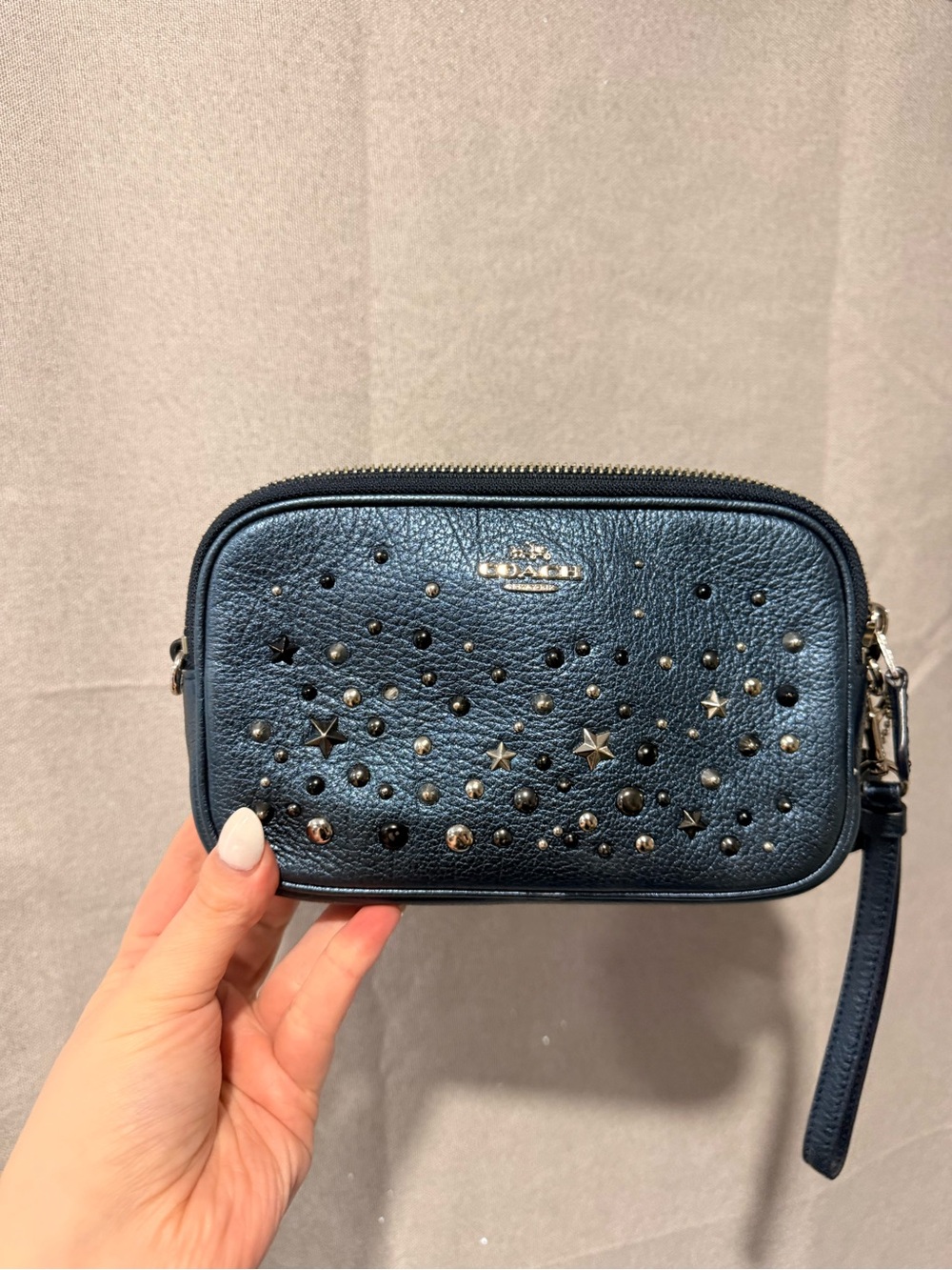 Coach Navy Pebbled Leather Star & Stud Wristlet